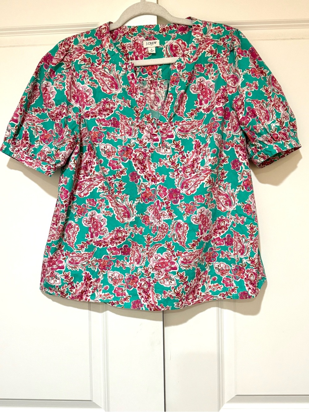 J. Crew Teal & Pink Paisley Short-Sleeve Cotton Poplin Blouse
